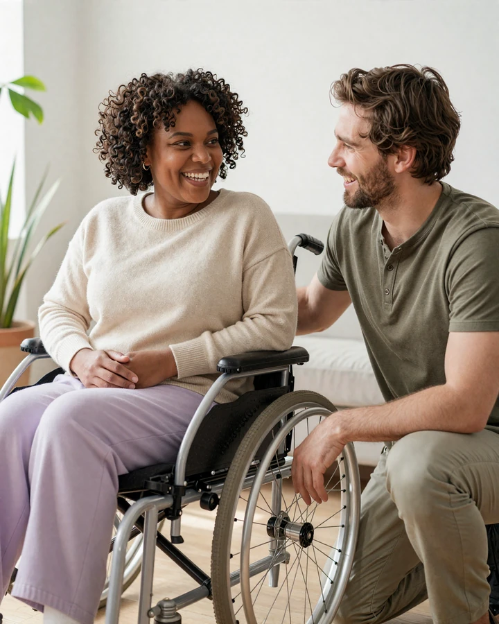 Interabled couple Maya and Daniel laughing together at eye level in a sunlit living room