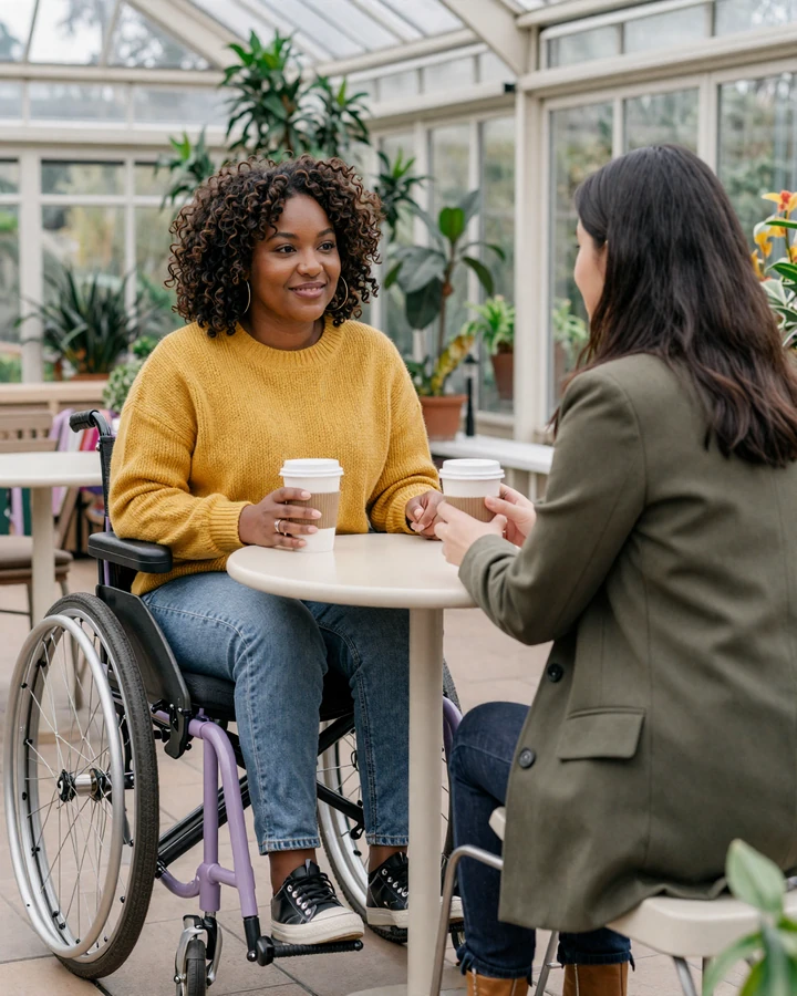 Maya, a wheelchair user, laughing with her date Ana over coffee in an accessible conservatory