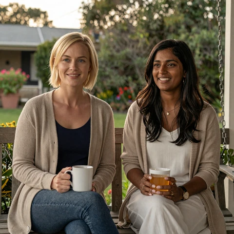 Margot and Priya, a married couple both living with bipolar I, relaxing together on a porch swing at golden hour