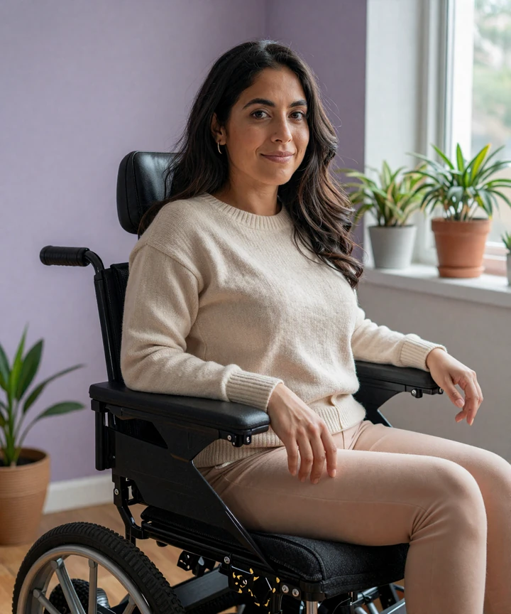 Elena, a Latina power-wheelchair user, smiling by a sunlit window - a DisabledDating member